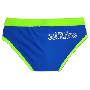 Rear view detail of men's blue swimming briefs with neon green trim and ooUXHoo logo