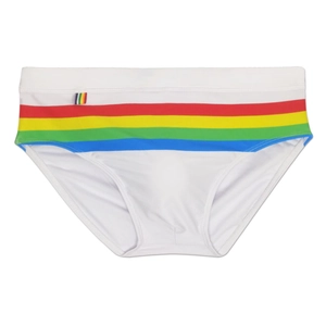 Close-up of white swim briefs featuring a vibrant rainbow striped waistband and fabric tag