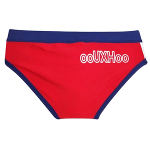 Detail view of red men's swim briefs with blue contrast piping and white back logo