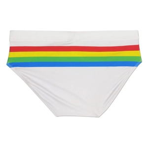Detailed close-up of white men's swim briefs with vibrant horizontal rainbow stripes
