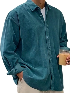 Close-up of deep teal corduroy shirt for men featuring a classic collar and button-down front