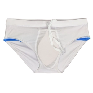 Detail view of men's white swim briefs with drawstring and blue contrast stitching inside