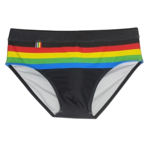 Detail of men's swim briefs with colorful rainbow stripes on black elastic fabric