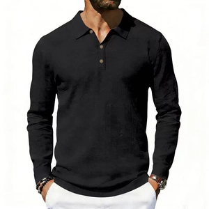 Classic black long-sleeved linen Polo shirt for men featuring a textured breathable fabric