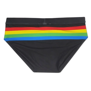 Detail of black swim briefs with horizontal rainbow stripes on high-elastic quick-dry fabric