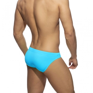 Macro rear view showing the fit and high-elastic fabric of blue men's swim briefs