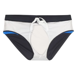 Detail of men's quick-dry striped swim briefs with drawstring waist and front opening