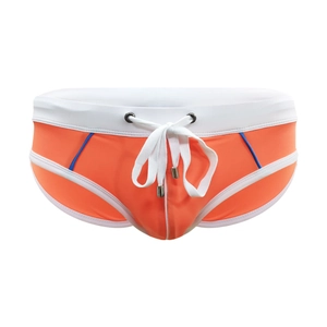 Men's athletic swim briefs in orange and white with drawstring and blue stripe accents