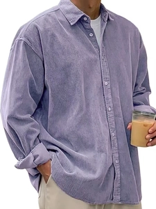 Detail of purple corduroy shirt showing fine ribbed texture and loose fit silhouette