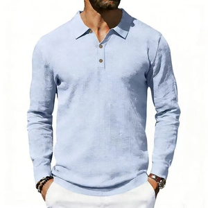Men's light blue long sleeve linen polo shirt with lapel collar and casual loose fit