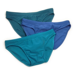 Three-pack of men's solid color quick-dry triangle swim trunks in shades of blue