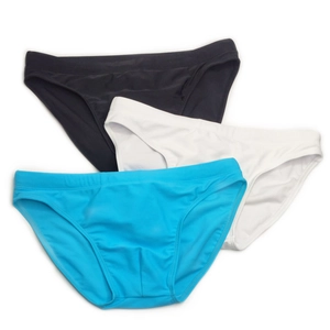 Three-pack of quick-dry men's swim briefs in solid black, white, and bright blue colors