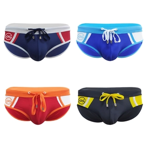 Men's low-rise swim briefs set with drawstring and color-block patchwork design