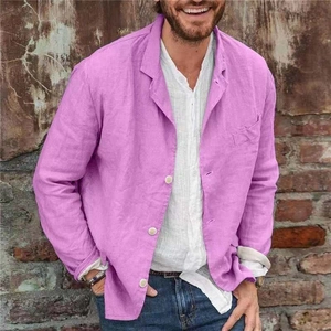 Giacca blazer casual da uomo in lino viola con monopetto e dettagli dei polsini risvoltati