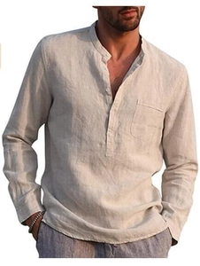 Men's linen long sleeve shirt with grandad collar and chest pocket in beige oatmeal
