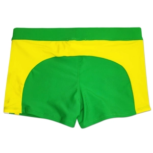 Detailed stitching on waist of men's Brazilian style green and yellow swim trunks