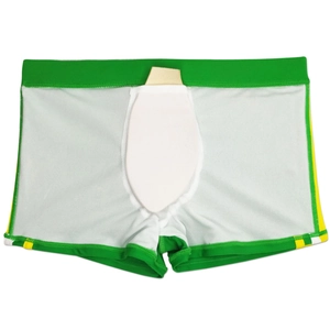 Detail view of men's swim trunks with a white protective cup insert for athletic safety