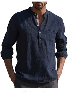 Detailed texture of navy linen long sleeve henley shirt with buttons and chest pocket