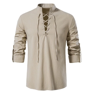 Men's retro V-neck lace-up linen shirt in beige with long sleeves and roll-up tabs