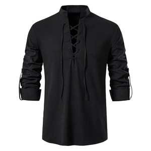 Men's vintage black long sleeve cotton linen shirt with lace-up V-neck and stand collar