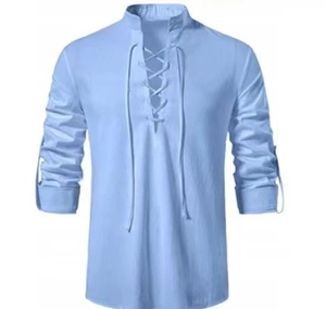 Detail of light blue linen shirt featuring a unique V-neck lace-up collar and ruffled cuffs