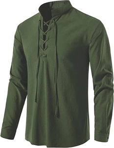 Detail of army green men's linen shirt featuring stand collar and lace-up V-neckline
