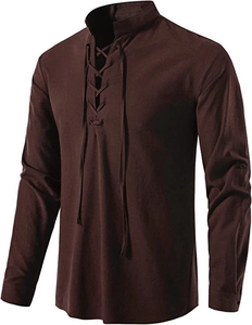 Detail of dark coffee long sleeve shirt featuring a lace-up V-neck and cotton linen texture