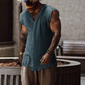 Camicia da uomo senza maniche in cotone e lino grigio-blu con scollo a V e frange