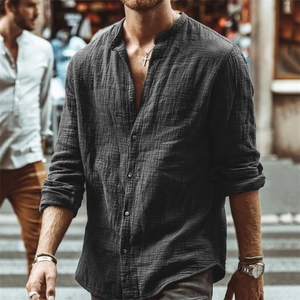 Herren Langarmshirt in Anthrazit mit Stehkragen und strukturierter Seersucker-Optik