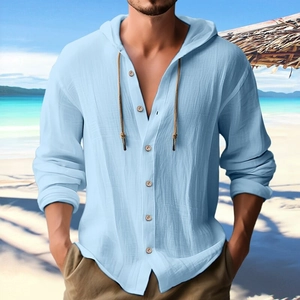 Chemise à capuche homme en coton et lin bleu clair pour les vacances à la plage et loisirs