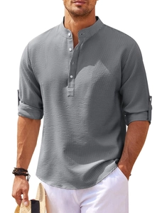Detail of grey waffle knit fabric on men's Henley shirt with sleeve tabs and buttons