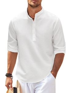 Close-up of white breathable waffle fabric texture and half-buttoned henley collar