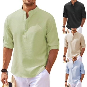 Men's waffle textured long sleeve Henley shirt in green, beige, black, and light blue