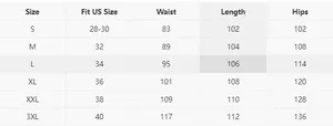 Size chart for men's linen trousers showing US sizes, waist, length, and hips measurements