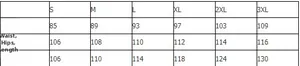 Size chart for casual men's trousers including waist, hip, and length from size S to 3XL