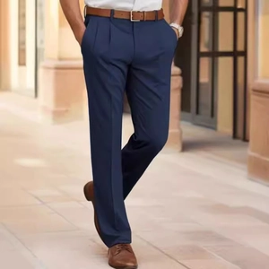 Men's navy blue casual dress pants featuring a single pleat design and premium drape
