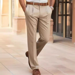 Men's khaki business casual trousers featuring double pleats and a straight-leg cut