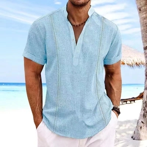 Men's light blue cotton linen beach shirt with vertical lace accents and stand collar