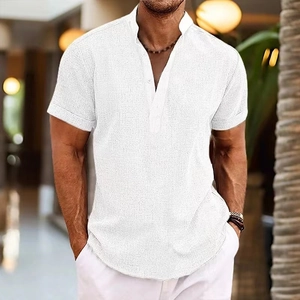 Men's white cotton linen short sleeve Henley shirt with stand collar and slim fit design