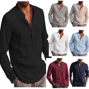 Men's casual linen long sleeve V-neck beach shirt in seven various solid colors