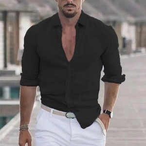 Detail of men's summer long sleeve black shirt with classic collar and button placket
