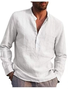 Detailed view of the white linen blend fabric texture and front pocket on the shirt