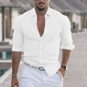 Men's white long sleeve linen beach shirt with classic lapel collar for summer holidays