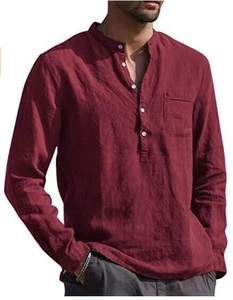 Men's casual long sleeve linen henley shirt with chest pocket in deep wine red color