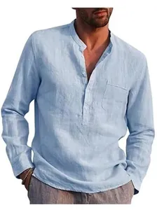Men's casual sky blue linen shirt featuring a standing collar and front pocket