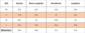Detailed size chart for women's formal button-down shirts from XS to XL in inches