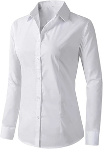 Close-up detail of a classic white long-sleeve button-up work shirt with a slim fit cut