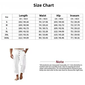 Detailed size chart for men's linen beach pants showing waist and length measurements