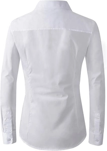 Back view of women's white button-down formal work shirt with tailored waist and curved hem