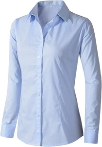 Detail of light blue slim fit button-up shirt with classic collar and cuff buttons